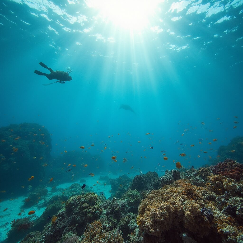 Scuba diver exploring colorful coral reefs and tropical fish under the sunlit turquoise water of Florida Keys National Marine Sanctuary, with sea turtle silhouette in the distance