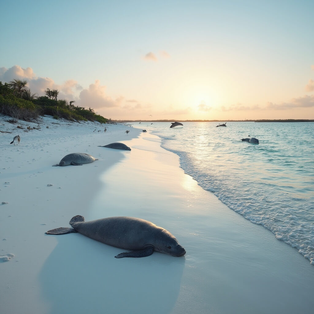 Unlocking Paradise: The Ultimate Anna Maria Island Adventure Guide Manatees in clear waters, sea turtle tracks in white sand, blue herons near shoreline, mangrove islands on horizon, long beach shadows under morning light, dolphins leaping against a pastel sunrise sky