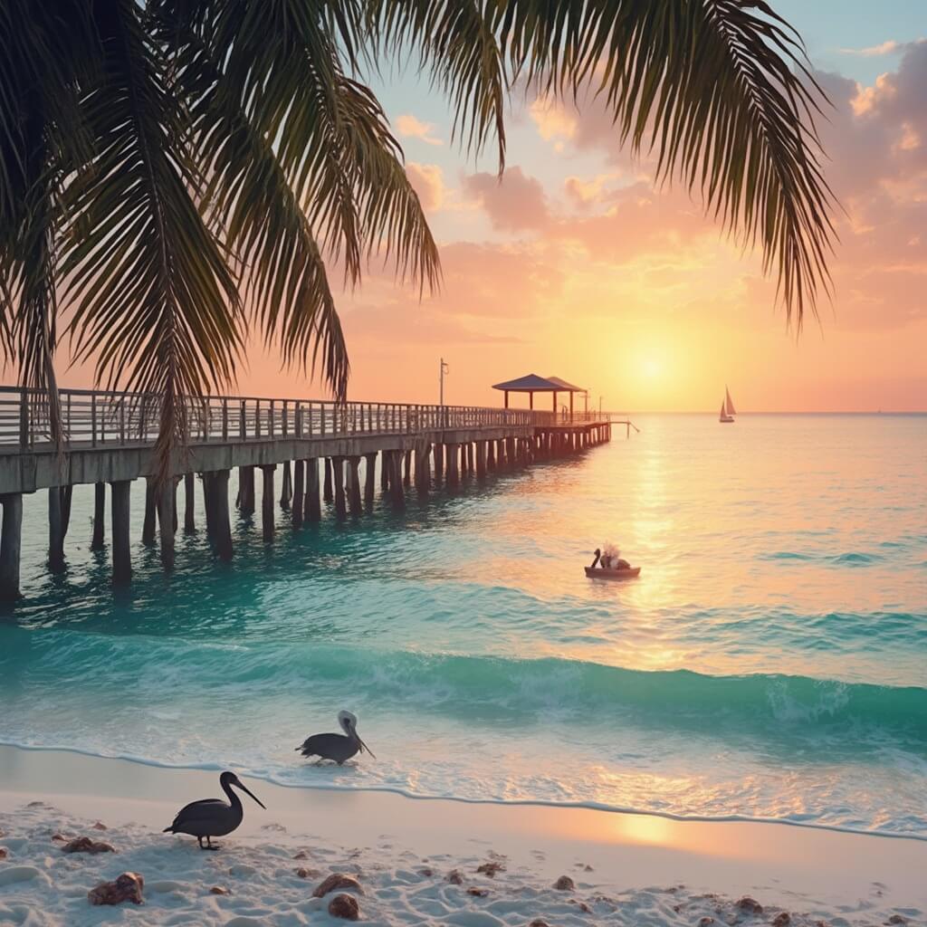 St. Petersburg in January: Two Starkly Different Winter Destinations Unveiled Winter sunset in Saint Petersburg, Florida with a wooden pier, palm trees, white sand beach, pelicans and sailboats against a pink-orange sky