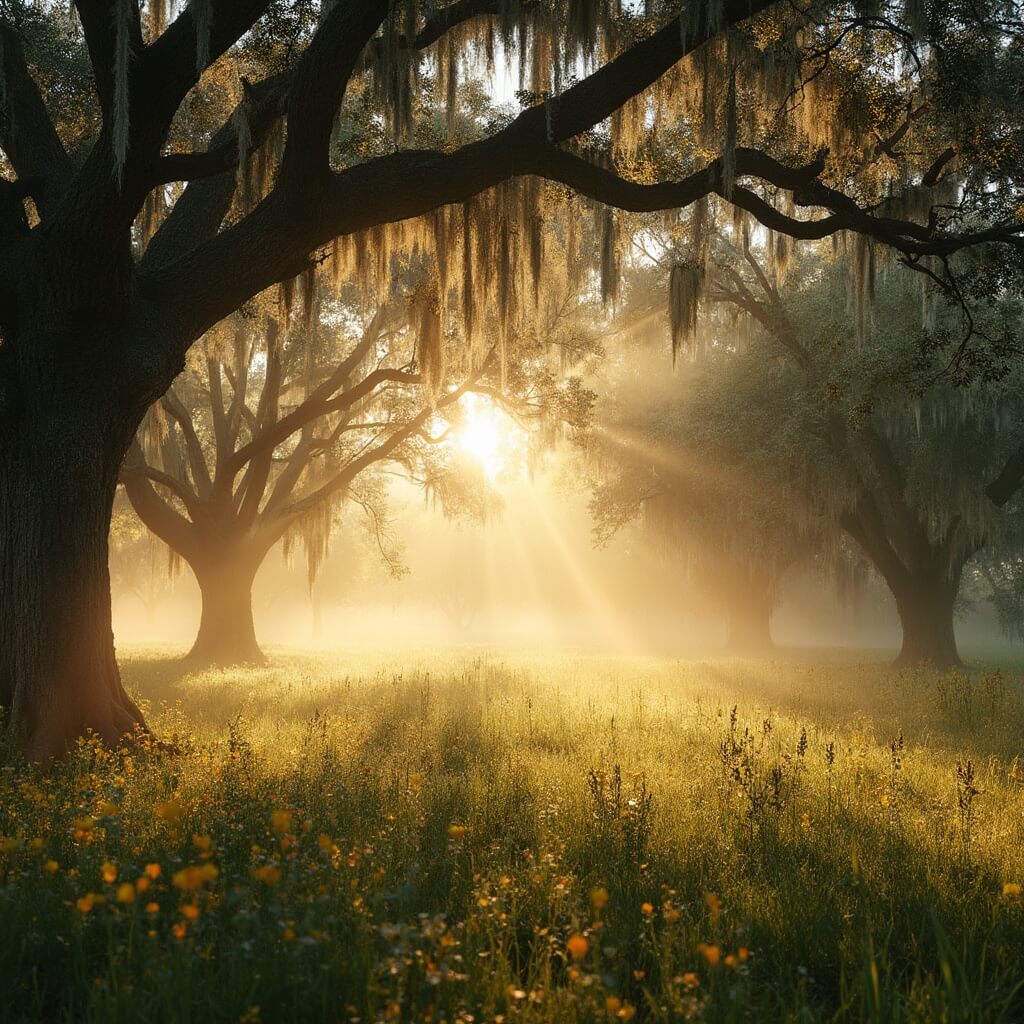 Why Orlando in March is Your Ultimate Spring Break Paradise Golden sunrise over a serene Florida spring landscape with tall oak trees, Spanish moss, cherry blossoms, orange tree flowers, floating pollen, morning mist and dewy grass in Orlando's March ecosystem