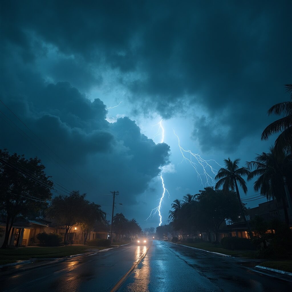 Orlando in June: Your Ultimate Hot & Humid Adventure Guide! Dramatic thunderstorm in Florida with massive dark cumulonimbus clouds, lightning strike, wet reflective streets, bending palm trees, visible humidity, in deep gray and electric blue tones