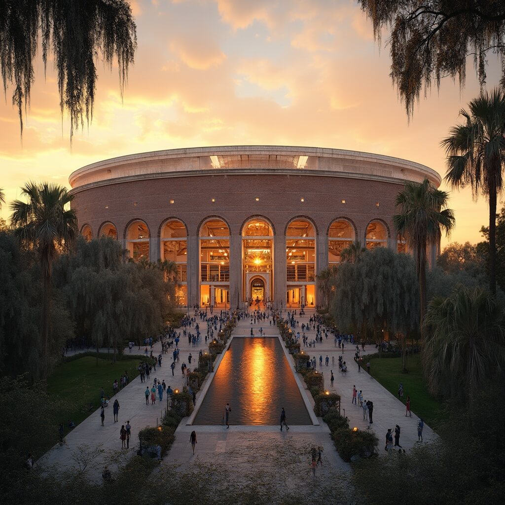 Gainesville: Your Ultimate Adventure Playground for Nature, Culture, and Fun! Majestic exterior view of a collegiate football stadium at sunset, surrounded by palm trees and Florida vegetation, with a reflection pool in the foreground and groups of people in blue and orange colors walking around