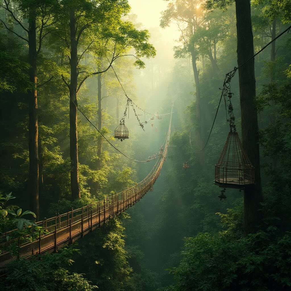 Unleash Your Adventure: Tallahassee's Hidden Gems Await! Wide-angle view of a lush green forest with wooden zipline platforms and suspension bridges amidst tall trees, with golden sunlight filtering through branches in a highly detailed natural environment