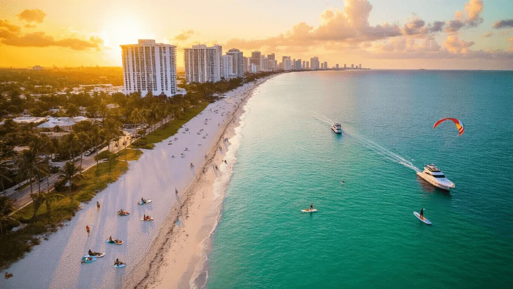 "Beachgoers enjoying water sports on Fort Lauderdale's white sandy beach during golden hour, with luxury yachts in the Intracoastal Waterway, palm trees, Las Olas Boulevard, and the modern skyline in the background."
