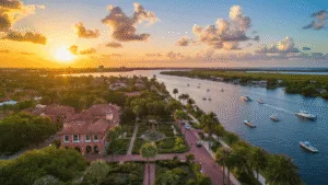 Unleash Your Adventure: Why Fort Myers Will Blow Your Mind (Seriously!) "Aerial view of Fort Myers waterfront at sunset featuring Edison and Ford Winter Estates, historic River District, Caloosahatchee River with boats, JetBlue Park, Six Mile Cypress Slough Preserve, and Sanibel Island on the horizon."