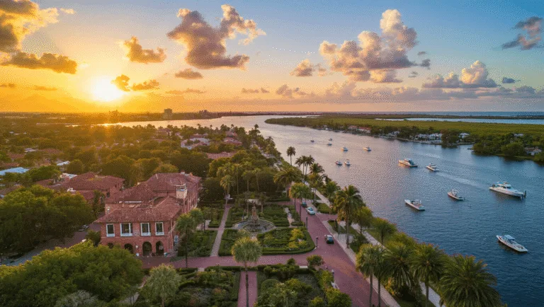 Unleash Your Adventure: Why Fort Myers Will Blow Your Mind (Seriously!) "Aerial view of Fort Myers waterfront at sunset featuring Edison and Ford Winter Estates, historic River District, Caloosahatchee River with boats, JetBlue Park, Six Mile Cypress Slough Preserve, and Sanibel Island on the horizon."