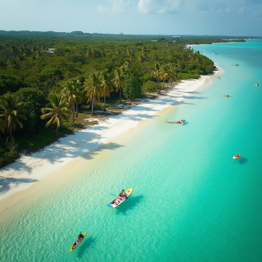 Uncover Tarpon Springs: A Hidden Florida Gem That'll Blow Your Mind Kayaks and paddleboards on white sandy beach with clear turquoise waters of Fred Howard Park, dense tropical vegetation and soft afternoon sunlight through palm trees