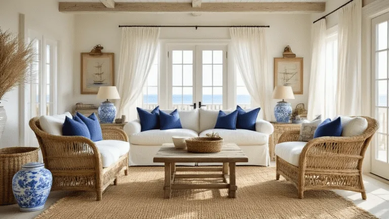 French Coastal Decor: Transforming Your Home with Seaside Elegance and Parisian Charm Sunlit coastal living room featuring a cream linen slipcovered sofa, distressed rattan armchairs, and a natural jute rug, adorned with navy striped throw pillows and vintage brass lanterns, illuminated by morning light streaming through tall windows with sheer white curtains. Decor includes blue and white ginger jars, a weathered driftwood coffee table, woven baskets, and vintage maritime artwork against whitewashed wood beams.