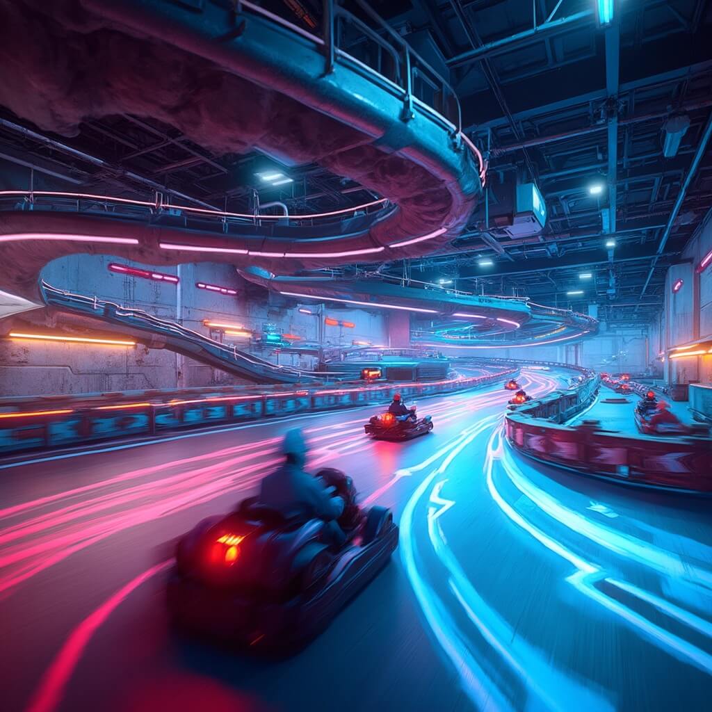 Ultimate Orlando Adventures: 8 Mind-Blowing Experiences You Can't Miss in 2025! Indoor go-kart racing facility featuring high-speed electric karts, futuristic LED lighting, multi-level tracks, neon accents, and industrial ceiling elements with a dynamic motion blur effect.