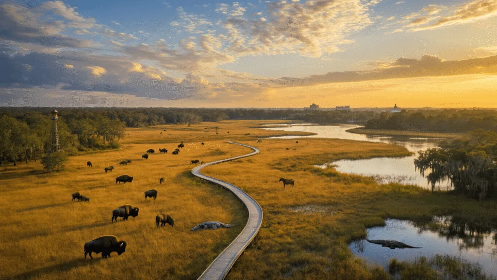 Gainesville: Your Ultimate Adventure Playground for Nature, Culture, and Fun! "Aerial view of Gainesville's natural landscape at sunset, featuring Paynes Prairie Preserve with bison, horses, alligator, wetlands and cypress trees, observation tower, University of Florida in the distance, and dramatic sunset sky."