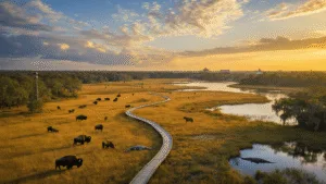 Gainesville: Your Ultimate Adventure Playground for Nature, Culture, and Fun! "Aerial view of Gainesville's natural landscape at sunset, featuring Paynes Prairie Preserve with bison, horses, alligator, wetlands and cypress trees, observation tower, University of Florida in the distance, and dramatic sunset sky."