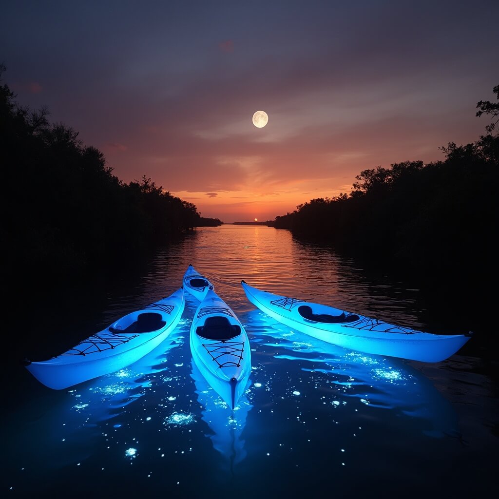 Sarasota Secrets: The Ultimate Insider's Guide to Mind-Blowing Adventures & Hidden Gems Transparent-bottom kayaks glowing blue on Sarasota Bay at sunset, with silhouetted mangroves, bioluminescent sparkles in the water, and a full moon rising above.