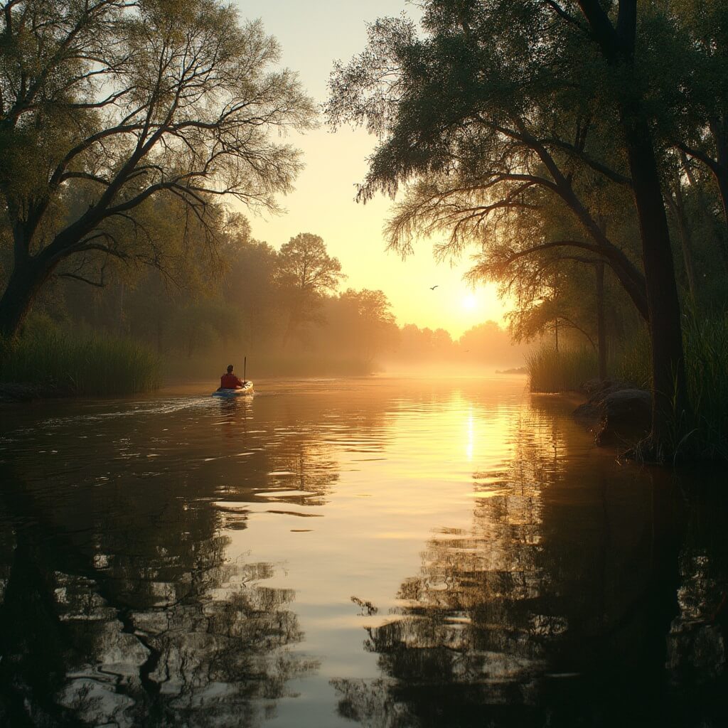 Outdoor Adventures and Hidden Gems: Why Apalachicola Will Steal Your Heart Single kayak gliding on the calm Apalachicola River at sunset, with the golden hour reflecting on the crystal clear water and cypress trees