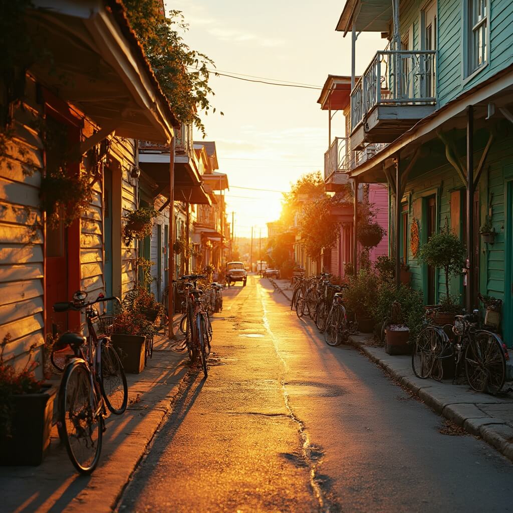 Key West in July: Your Ultimate Tropical Escape Guide Vibrant Key West street at golden hour featuring colorful wooden houses, tropical vegetation, parked vintage bicycles, long shadows, and sunset reflecting on buildings