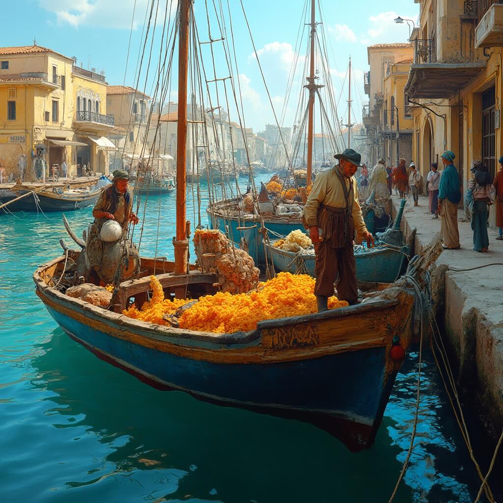 Uncover Tarpon Springs: A Hidden Florida Gem That'll Blow Your Mind Traditional wooden boats docked at historic Greek waterfront with fishermen in nautical attire, sunny Anclote River scene with sponges and maritime equipment