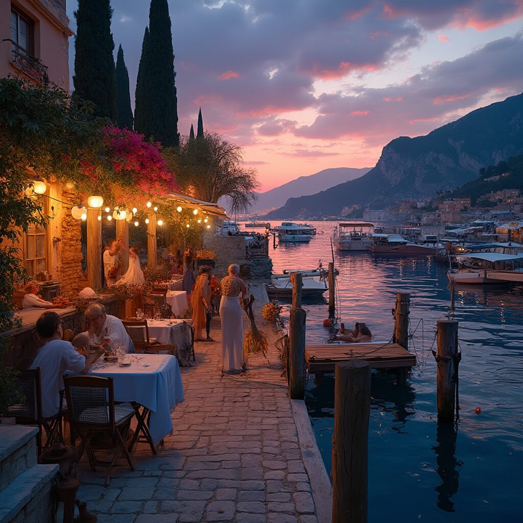 Uncover Tarpon Springs: A Hidden Florida Gem That'll Blow Your Mind Vibrant Greek music venue at waterfront, with lit up outdoor patio, traditional table setup, musicians, dancing patrons, and Mediterranean cypress trees silhouetted against sunset sky, reflected in clear water