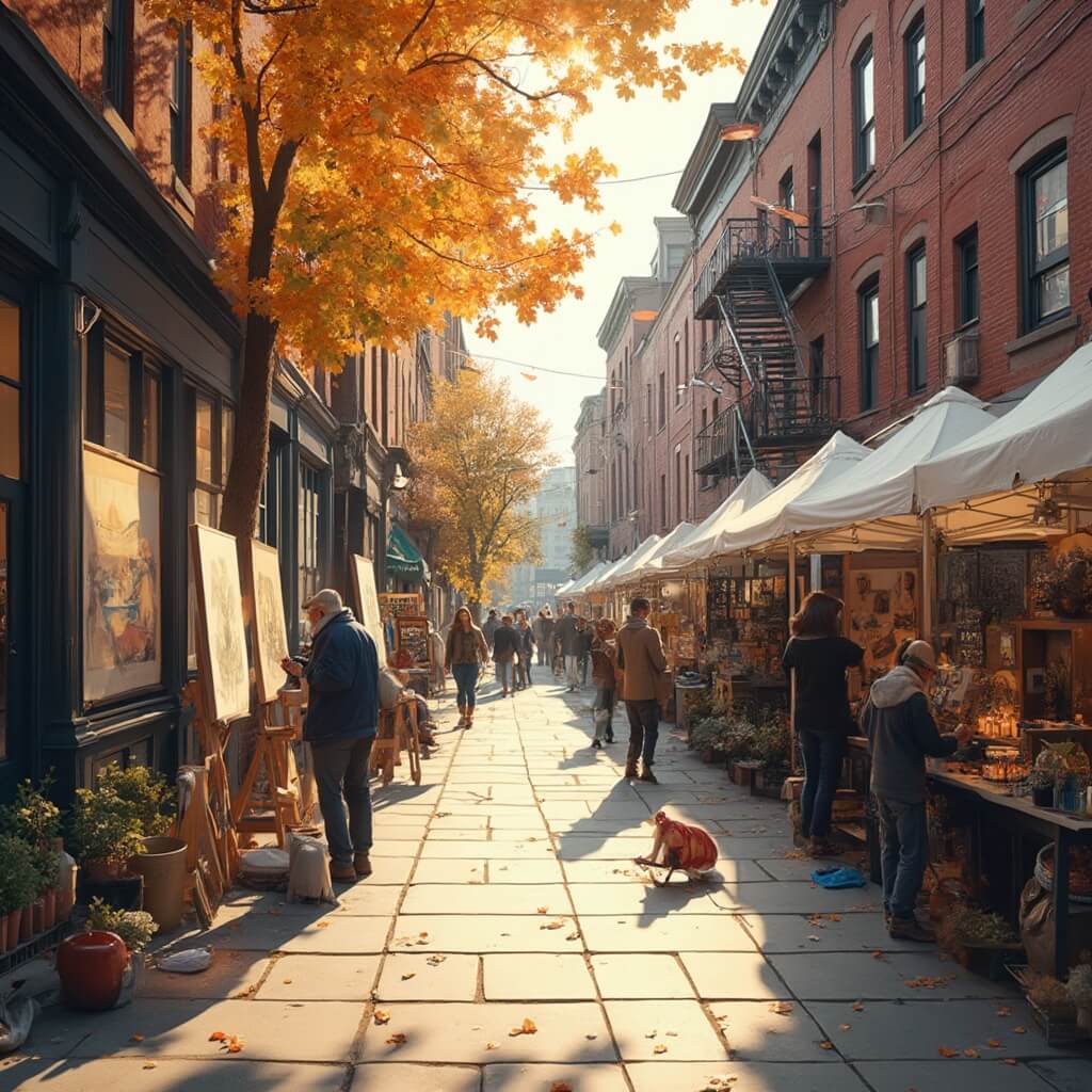 Daytona Beach in October: Your Ultimate Guide to a Perfect Florida Getaway Local artists displaying their artwork at the Halifax Art Festival on a vibrant street lined with historic brick buildings in warm October sunlight, rich with autumnal amber and golden tones