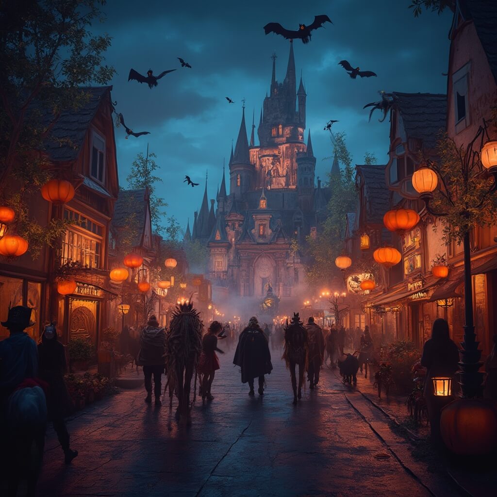 Why Orlando in October is Your Ultimate Fall Getaway Secret Halloween theme park at night with spooky decorations, dramatic lighting, costumed visitors, pumpkins and themed props creating a festive, mysterious atmosphere in Universal Studios style set design.