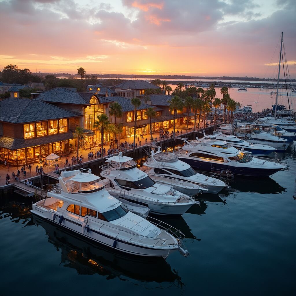 🏖️ Insider's Guide: Discover the Most Epic Fun Things to Do in Destin, Florida Aerial view of HarborWalk Village at dusk, with sunset reflections on marina, moored yachts, lit waterfront restaurants, and pedestrians on the boardwalk