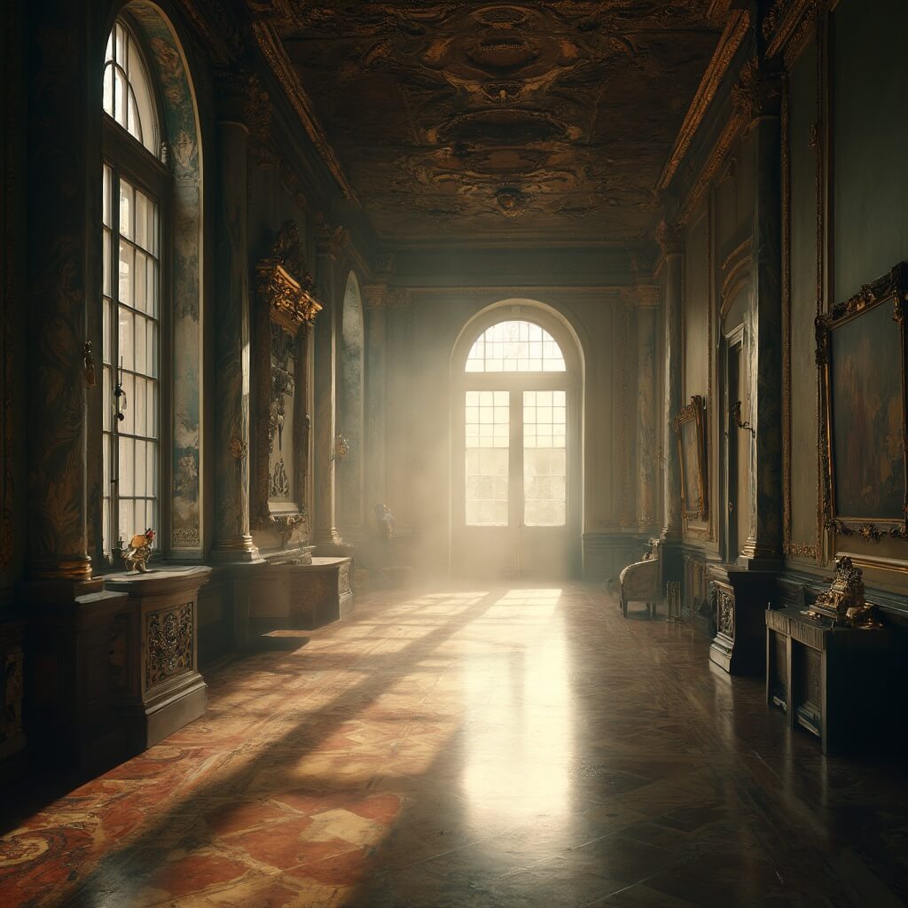 September in St. Petersburg: Your Ultimate Travel Guide to Two Incredible Cities Golden autumn light streaming through tall windows at The Hermitage Museum in St. Petersburg, Russia, illuminating the ornate gilded frames and baroque architecture, with misty morning fog visible through the windows.