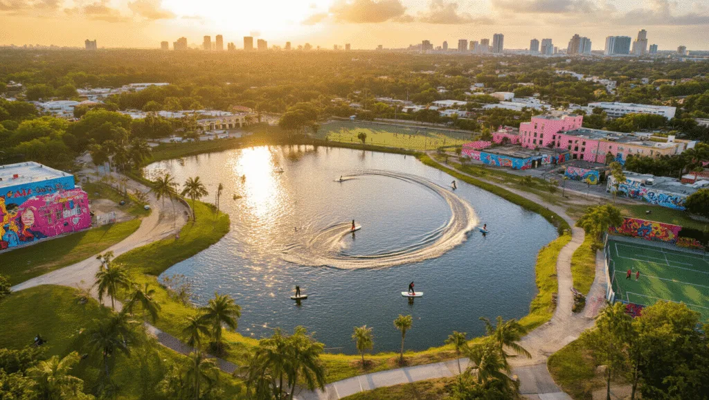 Discover Hidden Gems: Why Hialeah is Miami's Most Underrated Playground "Aerial view of Hialeah showcasing Amelia Earhart Park's sparkling lakes, colorful Cuban murals, Hialeah Park Racing & Casino's pink flamingos, sports fields, and Leah Arts District, bathed in warm golden-hour lighting."