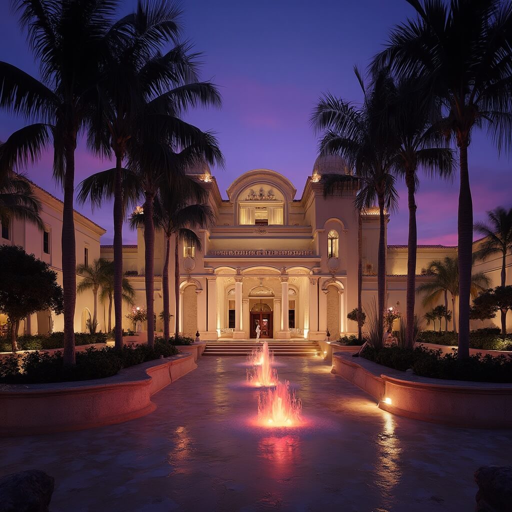 Discover Hidden Gems: Why Hialeah is Miami's Most Underrated Playground Hialeah Park Casino at twilight featuring Mediterranean Revival architecture, silhouetted palm trees, light-reflecting fountains, and neon nightlife accents