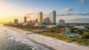 Unleash Your Adventure: Jacksonville's Top Attractions You Can't Miss "Aerial panorama of Jacksonville skyline at sunset, featuring Jacksonville Zoo, Jacksonville Beach, Timucuan Preserve, Adventure Landing water slides, and Fort Caroline, with palm trees dotting the landscape."