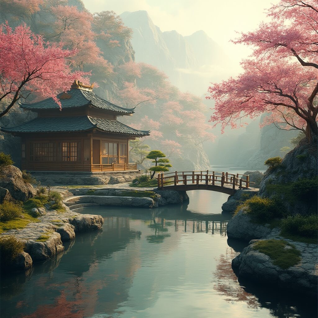 Unlock West Palm Beach's Hidden Playground: A Traveler's Ultimate Guide Photorealistic serene Japanese garden during golden hour featuring reflection ponds, wooden bridges, bonsai trees, stone pathways, and a traditional tea house surrounded by cherry blossoms and Japanese maples, with zen gardens in the foreground and a soft morning mist over the water.