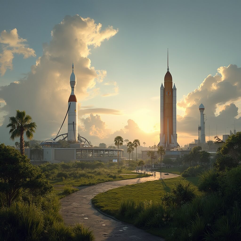 Why Daytona Beach in September is Your Secret Paradise (Without the Summer Crowds) Vintage rockets silhouettes at Kennedy Space Center against a dramatic sky, lush greenery and visitor center in background, on a warm September afternoon