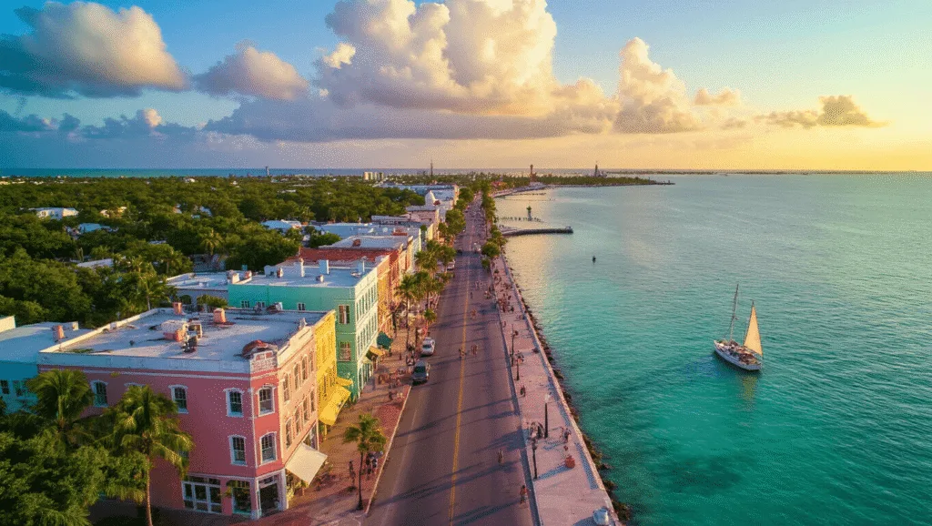 Unlocking Key West's Secret September: Why This Sultry Month is Your Ultimate Island Escape "Aerial view of Duval Street in Key West with pastel buildings, turquoise waters, and a sunset sailboat in September's low season, featuring Southernmost Point buoy and looming storm clouds in the distance."
