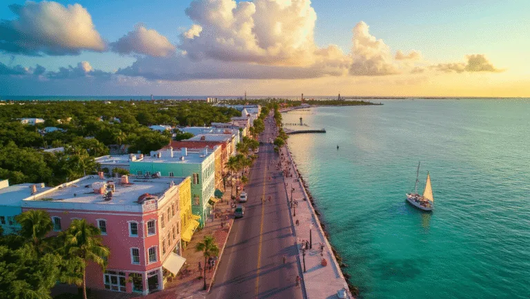 Unlocking Key West's Secret September: Why This Sultry Month is Your Ultimate Island Escape "Aerial view of Duval Street in Key West with pastel buildings, turquoise waters, and a sunset sailboat in September's low season, featuring Southernmost Point buoy and looming storm clouds in the distance."
