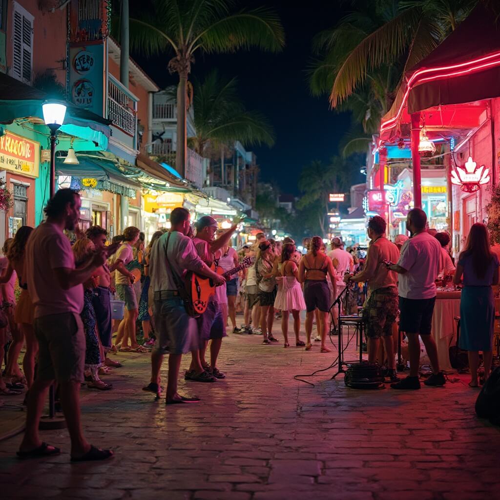 The Ultimate Key West April Adventure: Why This Month is Your Golden Ticket to Paradise Live blues performers entertaining a bustling crowd in colorful, palm-lined Key West street at night
