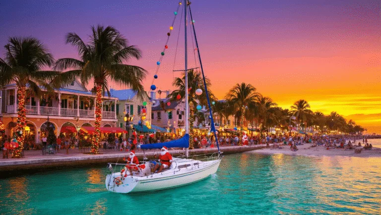 Winter Paradise Unlocked: Why Key West in December is Your Ultimate Escape "Christmas decorations and palm trees on Duval Street in Key West during a vibrant December sunset with a lit sailboat in foreground and street performers in the background"