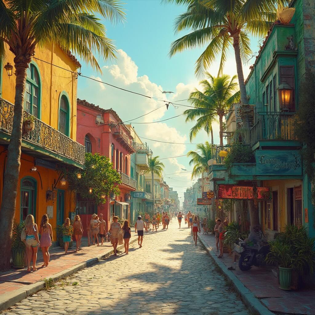 Bustling tropical street scene in Key West featuring historic colorful buildings, palm trees, vintage bars, restaurants, and architectural details under warm sunlight