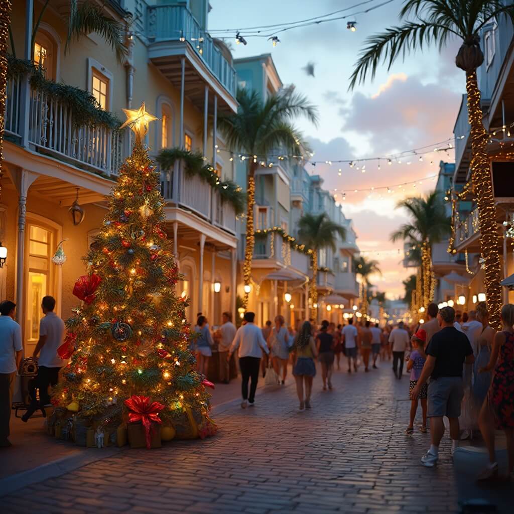 Winter Paradise Unlocked: Why Key West in December is Your Ultimate Escape Festive evening on Duval Street in Key West with historic pastel buildings adorned with holiday lights, a buoy and crab pot Christmas tree, street performers, and people leisurely strolling under a sunset sky in December.