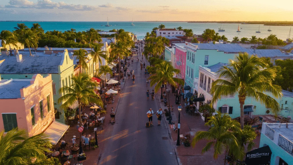 Key West in November: Your Ultimate Tropical Escape Guide "Aerial drone view of Duval Street in Key West during golden hour in November, depicting pastel-colored conch houses, sidewalk cafes, street musicians, and turquoise Gulf waters, conveying a peaceful autumn atmosphere."