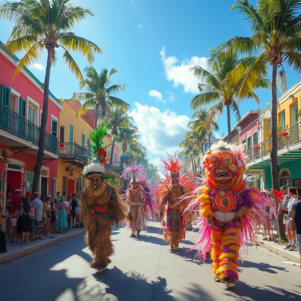Key West in October: Your Ultimate Escape from Ordinary Vibrant Key West street during Fantasy Fest with colorful tropical buildings, people in elaborate costumes, swaying palm trees and clear blue sky