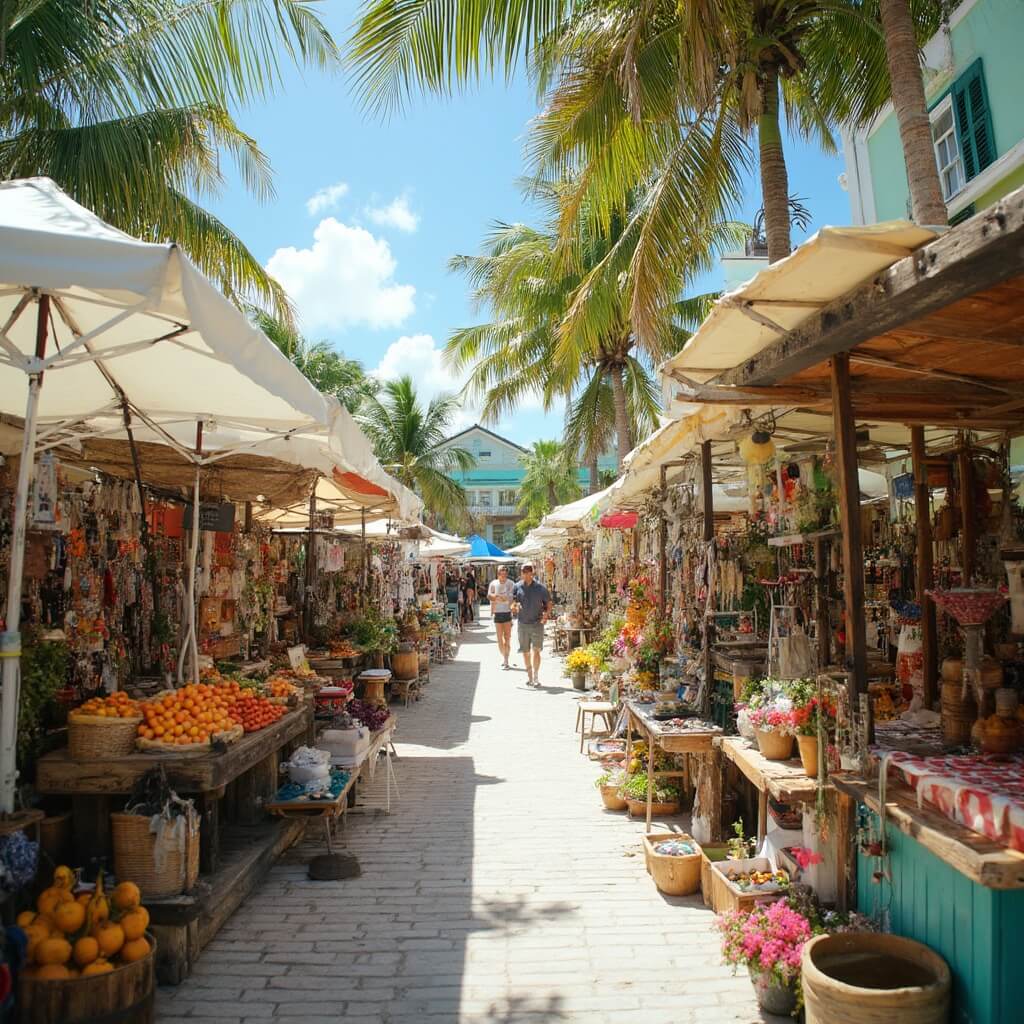 Ultimate Guide: 15 Mind-Blowing Things to Do in Key West That Will Blow Your Mind! Vibrant farmers market in Key West showcasing local artwork, handcrafted jewelry and fresh produce under white canopies, with historic conch-style architecture and palm trees in the background