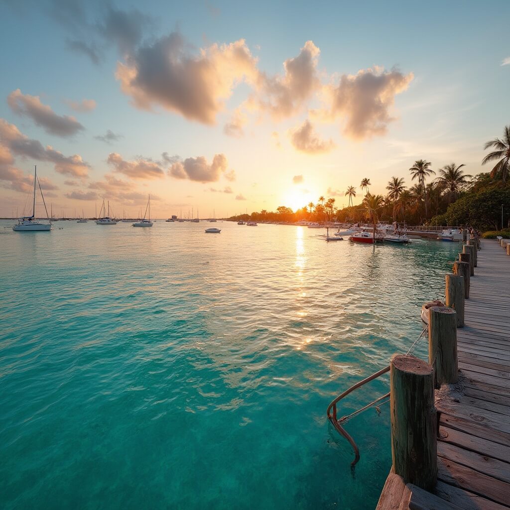 Winter Paradise Unlocked: Why Key West in December is Your Ultimate Escape Panoramic sunset over Key West harbor with sailboats, silhouetted palm trees, orange and pink sky, turquoise waters, and wooden pier