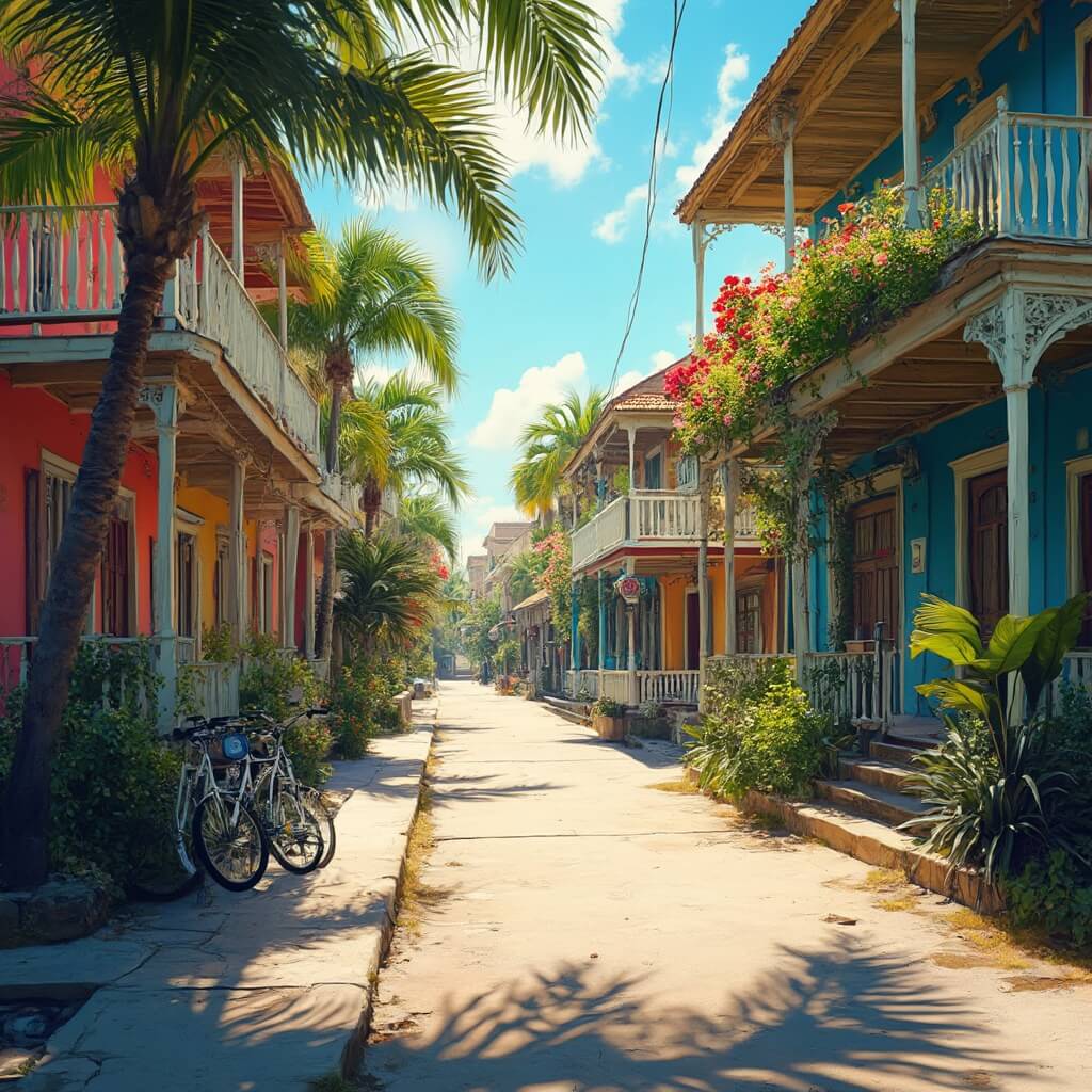 Winter Paradise Unlocked: Why Key West in December is Your Ultimate Escape Sunlit street in Key West, Florida with colorful historic buildings, wooden porches, tropical vegetation, parked vintage bicycles, with detailed architectural details under a clear blue sky, devoid of people