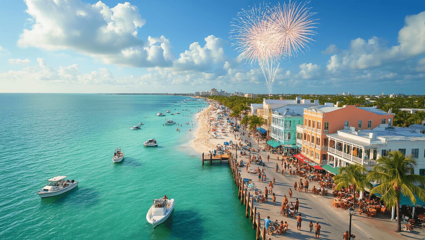 "Aerial view of Key West in July showing turquoise waters, white beaches, colorful Victorian buildings along Duval Street, bustling pier, Hemingway look-alike contest, waterfront cafes with key lime pies and tropical drinks, and fireworks over the ocean"