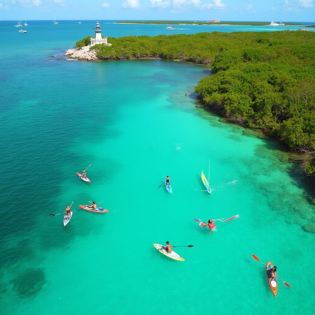 Key West in May: Your Ultimate Paradise Escape Guide Aerial view of paddleboarders in a clear turquoise lagoon surrounded by mangroves in Key West, with lighthouse and anchored sailboats in the distance