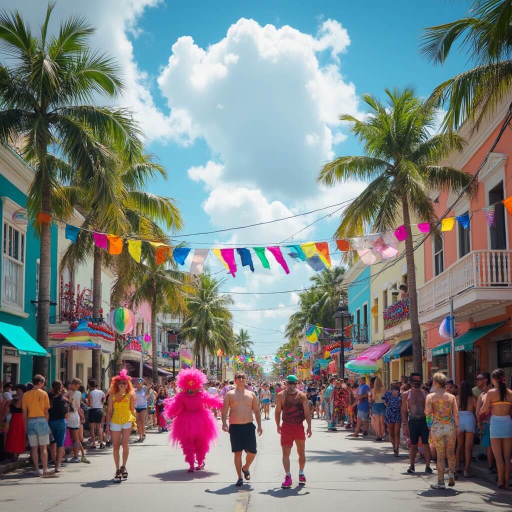 Key West in June: Your Ultimate Tropical Paradise Guide Diverse crowd celebrating Pride Fest on a vibrant Key West street adorned with rainbow flags on pastel-colored historic buildings, with drag performers in costumes, palm trees lining the road, against a clear blue sky.