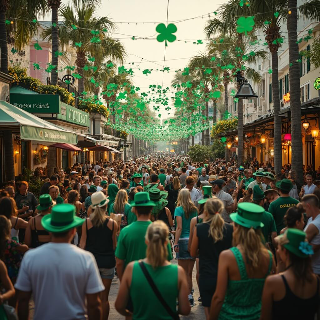 Why Key West in March Will Blow Your Mind: The Ultimate Traveler's Guide St. Patrick's Day celebration on Duval Street in Key West, with crowds in green attire, green street decorations, live music stages, and packed outdoor bart and restaurant seating areas.