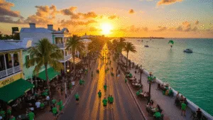 Why Key West in March Will Blow Your Mind: The Ultimate Traveler's Guide "Aerial view of bustling Duval Street during St. Patrick's Day celebration in Key West at sunset, showing locals and tourists in festive green, palm trees, string lights, Victorian architecture, and the Gulf of Mexico with Southernmost Point buoy in the background."