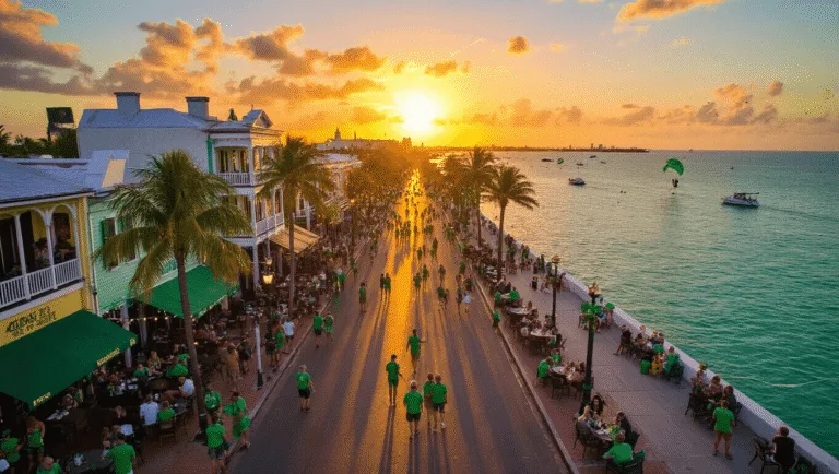 Why Key West in March Will Blow Your Mind: The Ultimate Traveler's Guide "Aerial view of bustling Duval Street during St. Patrick's Day celebration in Key West at sunset, showing locals and tourists in festive green, palm trees, string lights, Victorian architecture, and the Gulf of Mexico with Southernmost Point buoy in the background."