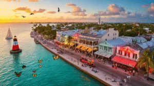 Key West in May: Your Ultimate Paradise Escape Guide "Aerial view of Key West at sunset featuring turquoise waters, white sandy beaches, Royal Poinciana trees in bloom, Southernmost Point buoy, sailboats, paddleboarders, historic Duval Street, and palm trees."