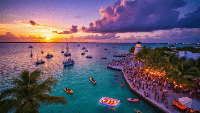 Key West in August: Your Ultimate Tropical Paradise Guide 🌴🍹 "Key West's historic waterfront with Mallory Square, sailboats, and waterfront restaurant at sunset"