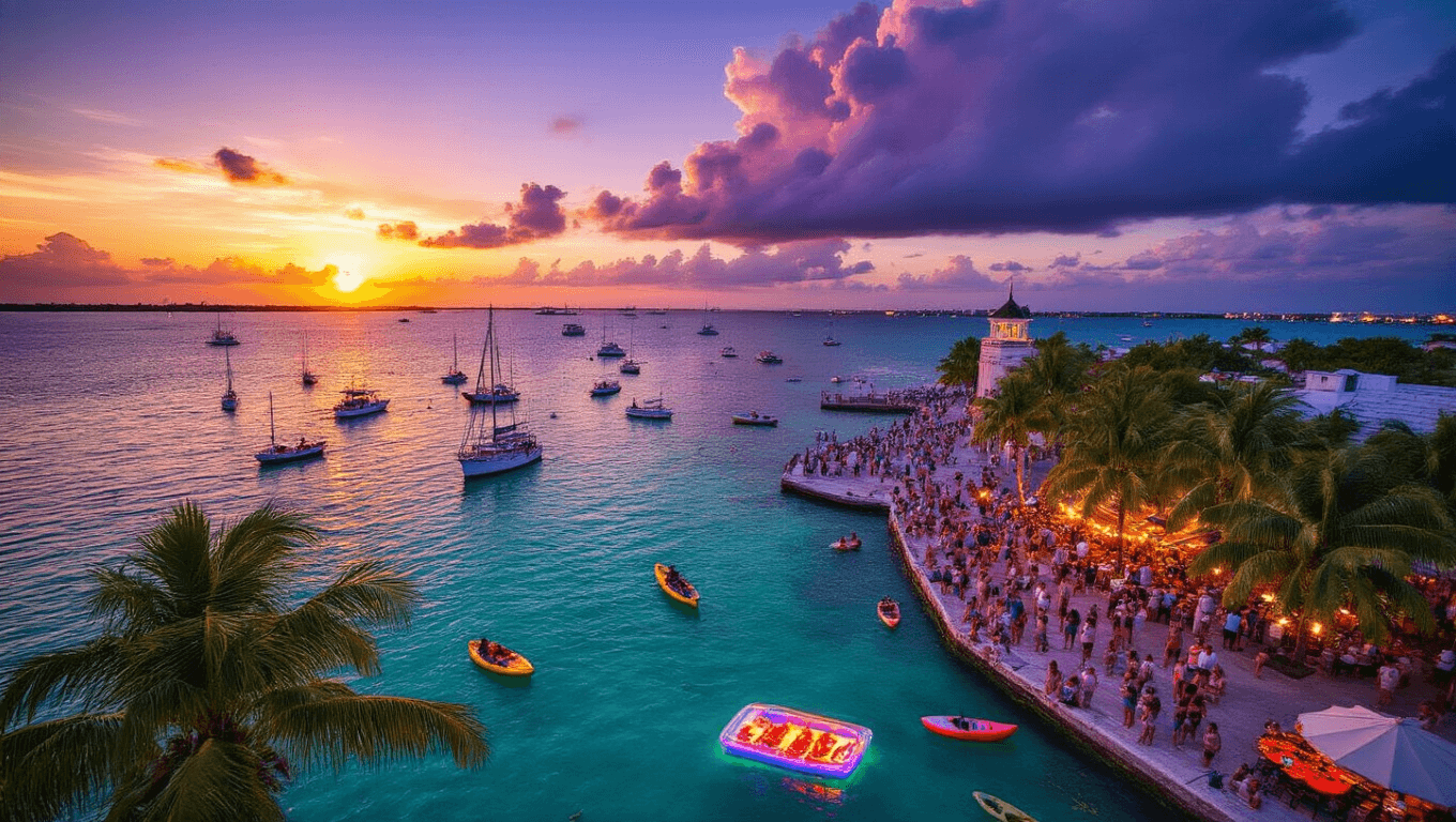 "Key West's historic waterfront with Mallory Square, sailboats, and waterfront restaurant at sunset"