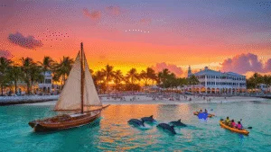 Why Key West in January is Your Ultimate Winter Escape (Without the Frostbite!) "Sailboat and dolphins in turquoise waters at Mallory Square, Key West, with a vibrant sunset, palm trees, historic Duval Street architecture, and beachgoers in the background"